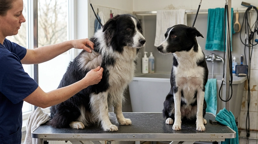 Rough and smooth Border Collies showing dense double coats before shampooing