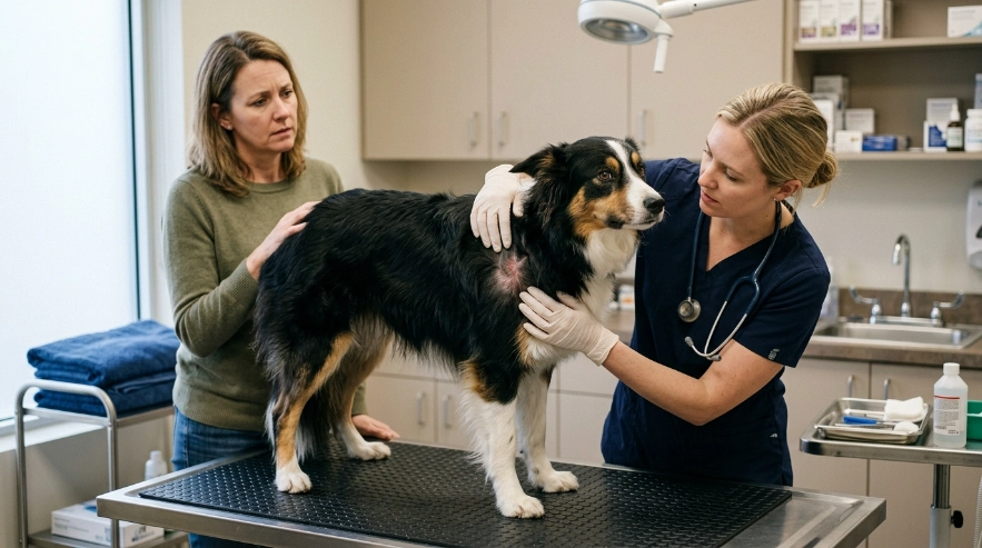 Veterinarian examining a Border Collie with thinning fur and irritated skin