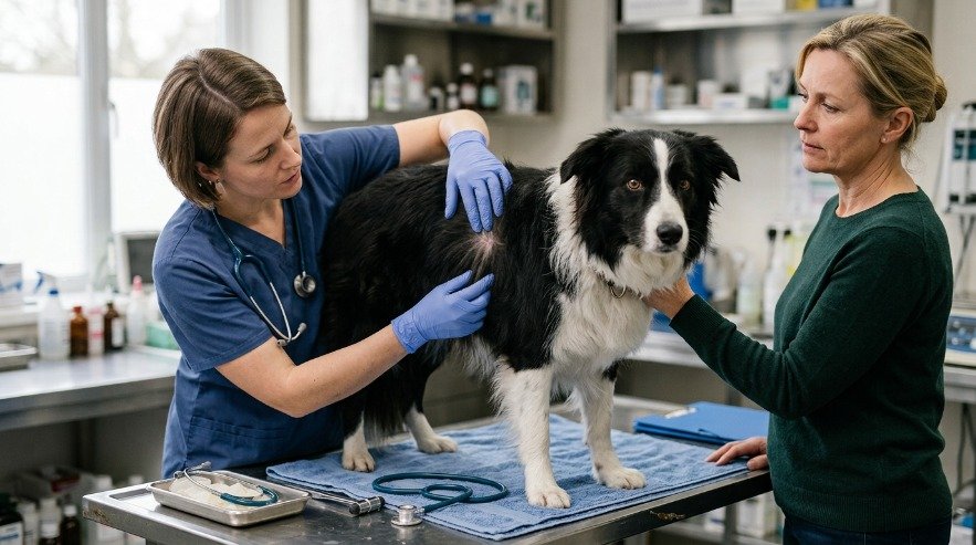 eterinarian examining irritated skin beneath a Border Collie's coat for persistent itching.