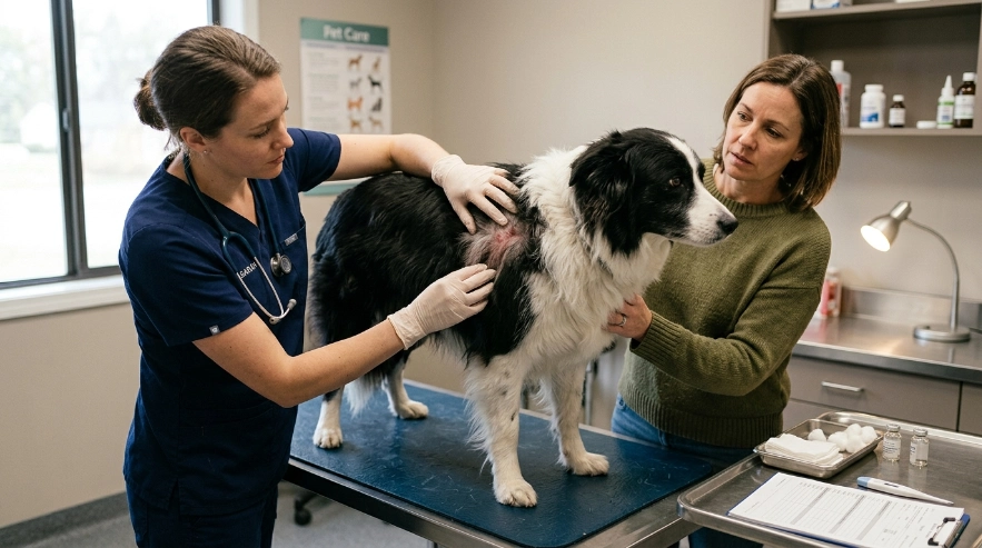 Owner comparing dog shampoo types beside an itchy Border Collie