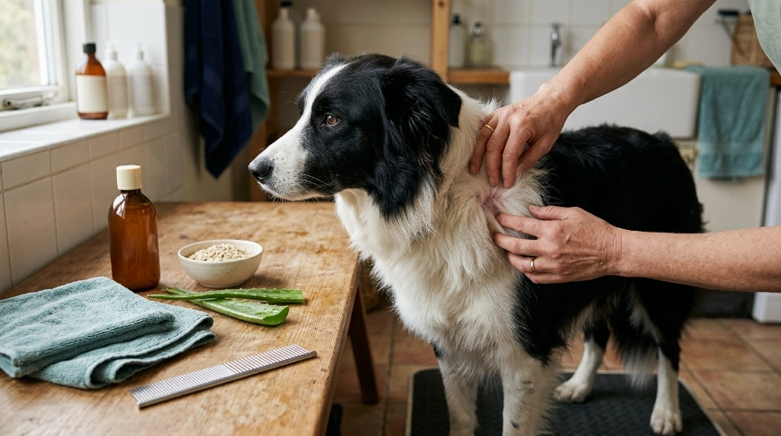 Border Collie beside oatmeal, aloe, and fragrance-free dog shampoo for dry skin care.