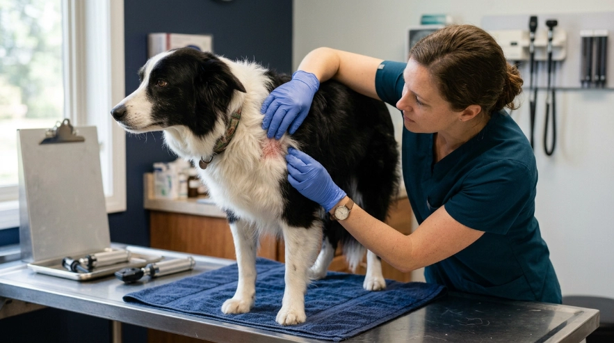 Veterinarian examining a Border Collie's red, flaky skin beneath its dense double coa
