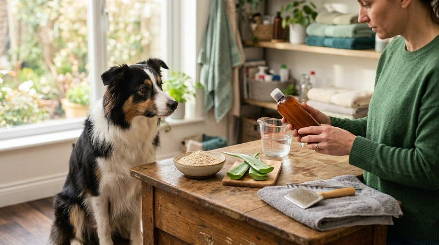 Border Collie with colloidal oatmeal, aloe, fragrance-free dog shampoo, and grooming supplies