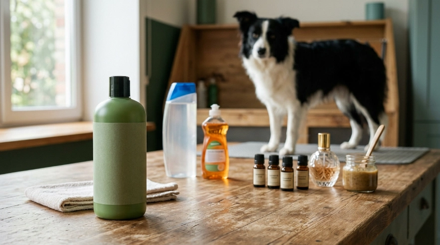 Dog shampoo beside human shampoo, dish detergent, essential oils, perfume, and homemade mixtures to avoid.