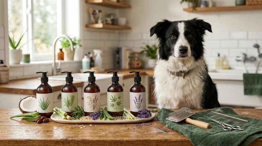 Border Collie with five organic shampoo options featuring aloe, oats, lavender, lemongrass, and hemp.