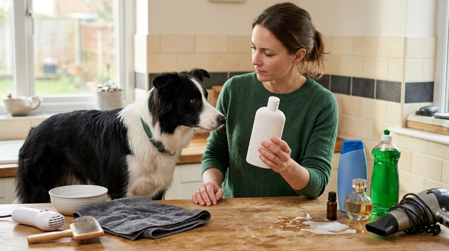 Border Collie grooming setup contrasting dog shampoo with human shampoo, detergent, perfume, and hot dryer.