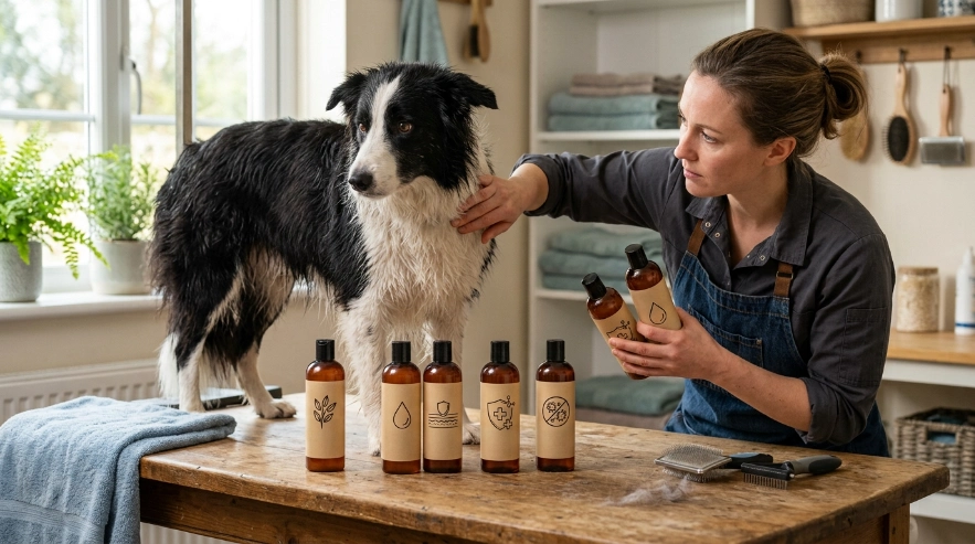 Border Collie coat inspection beside unsuitable human sprays, medicated bottles, and oily contamination