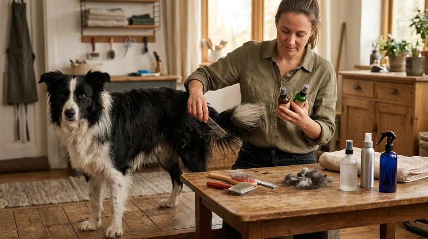 Border Collie beside several grooming sprays for detangling, feathering, smoothing, and static control