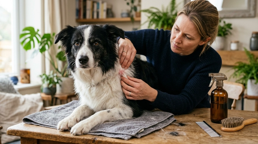 Border Collie owner checks red skin before using grooming spray on the coat