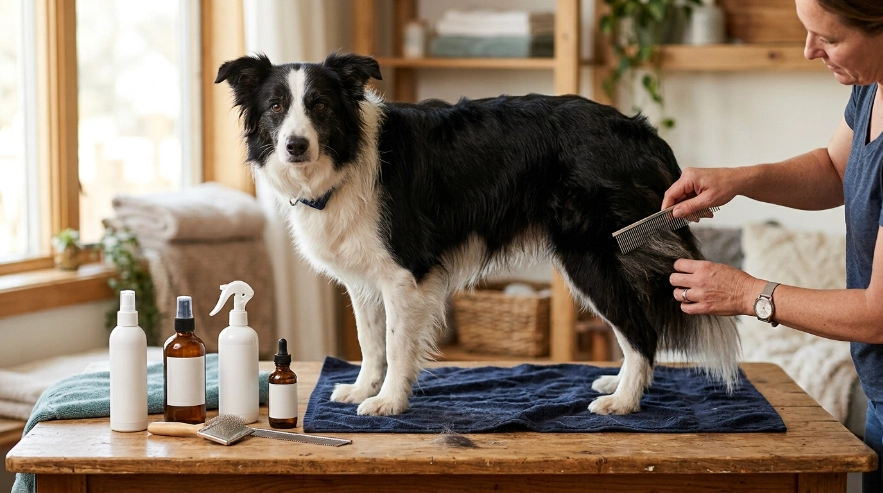 Border Collie with four detangler types, slicker brush, and metal grooming comb