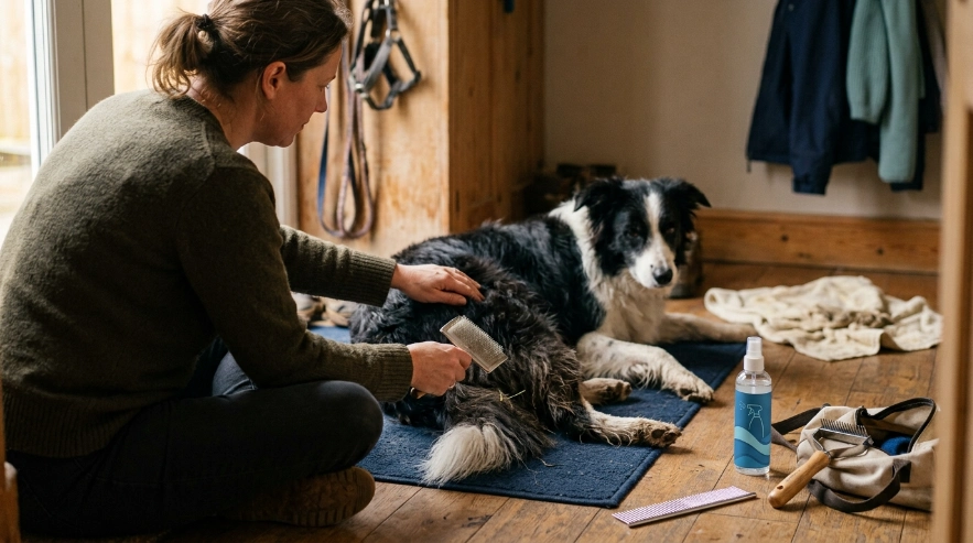 Border Collie receiving a post-walk brush, tangle check, and occasional detangling spray