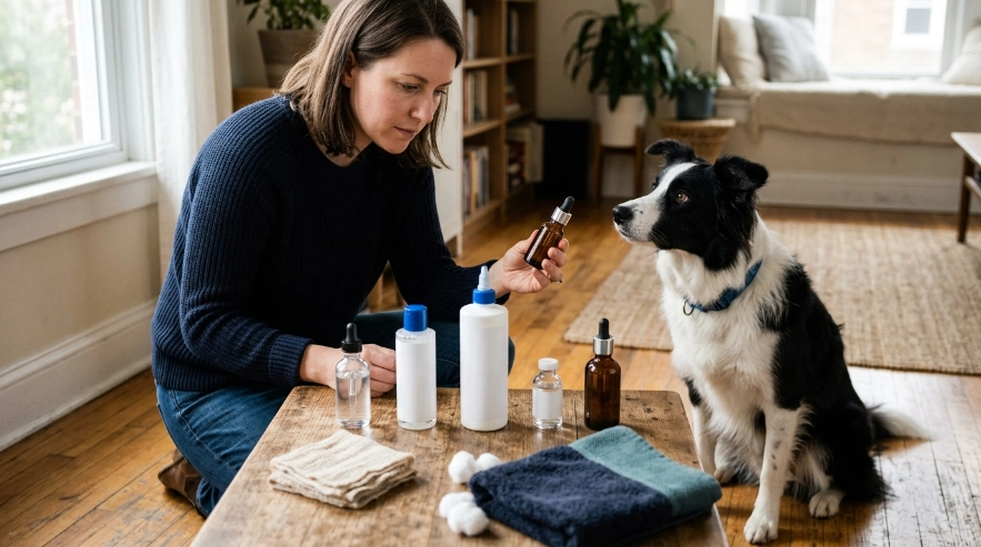 Border Collie owner comparing routine, micellar, saline, and medicated canine ear cleaners.