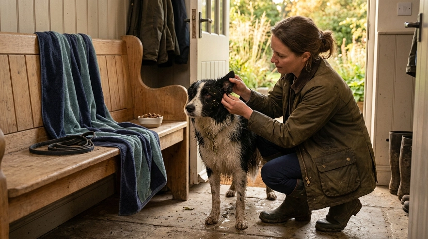 Owner checks a damp Border Collie's ear for moisture, grass seeds, burrs, ticks, and dirt.