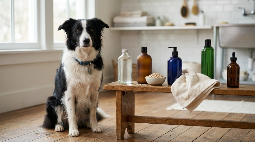 Border Collie with paw cup, foam, wipes, towel, and rinse options for muddy feet