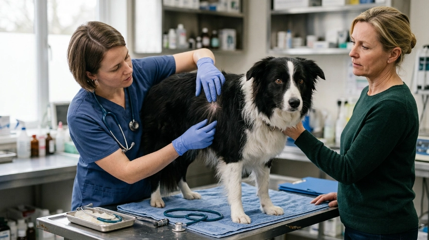Border Collie learning paw handling beside an empty cleaner, towel, treats, and owner