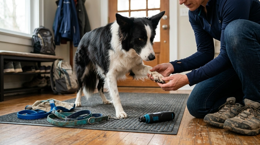 Active Border Collie having nails checked beside a quiet grinder after outdoor exercise