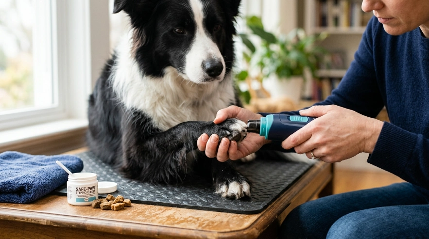 Owner safely grinding a Border Collie's nail with fur secured and styptic powder nearby
