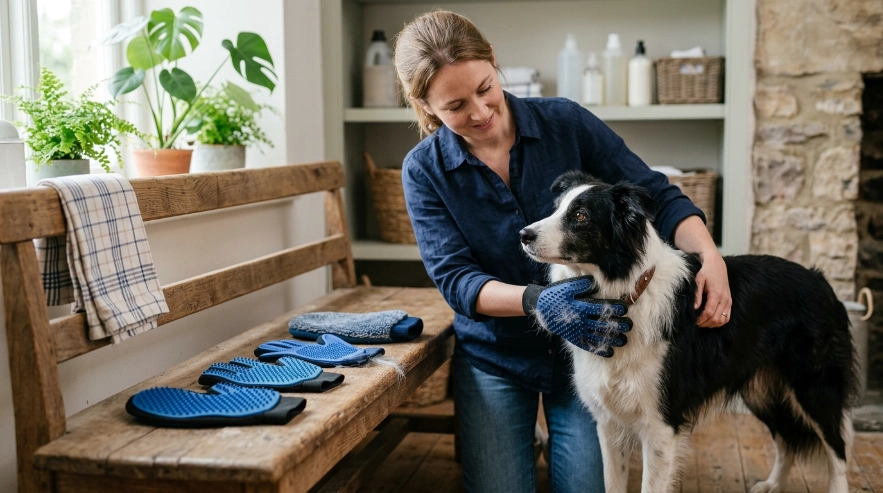 Border Collie with rubber, silicone, and mitt-style grooming gloves for coat care