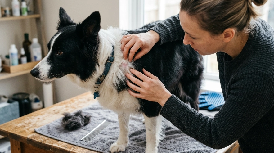 Owner checking Border Collie skin while pausing gentle grooming with a rubber glove