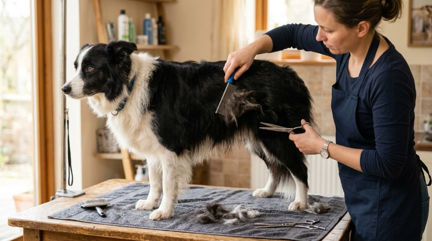 Owner checking dense coat before using best grooming scissors for Border Collie safely