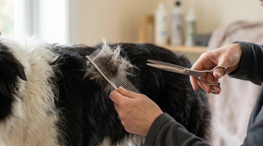 Owner checking dense coat before using best grooming scissors for Border Collie safely