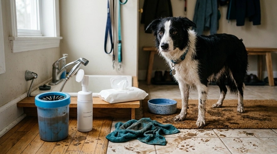 Owner comparing dog wipes for Border Collie grooming beside a resealable pack and towel