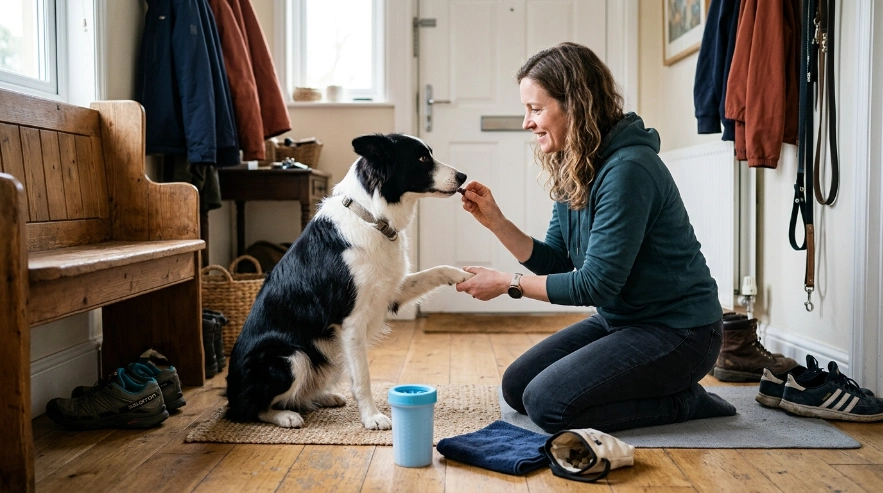 Border Collie paw wiping beside a wash area showing when light dirt needs a full rinse