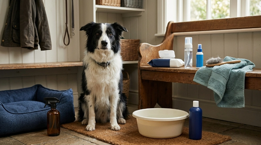 Border Collie beside shampoo, wipes, foam, deodorizing spray, and bedding odor cleaner.