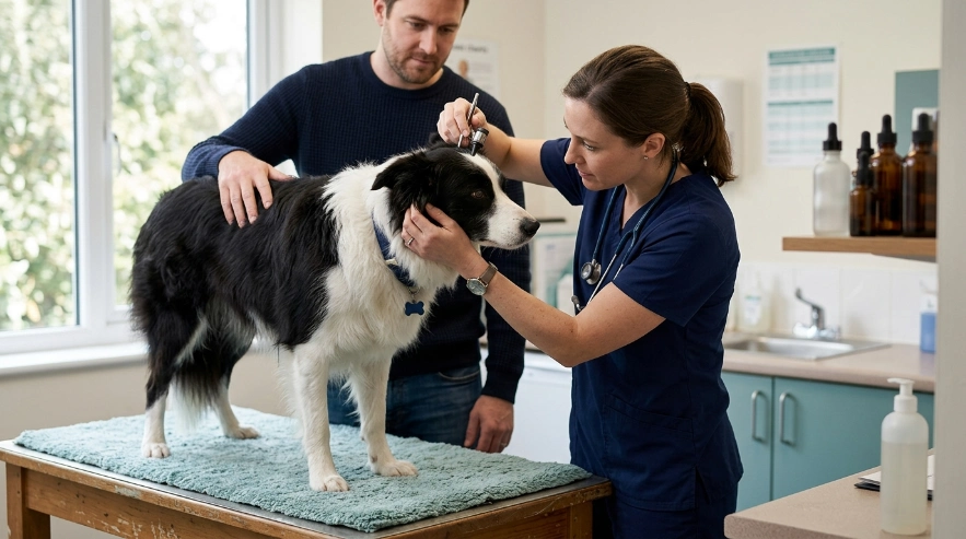 Veterinarian examining a Border Collie's ear and skin for persistent odor, irritation, or infection signs