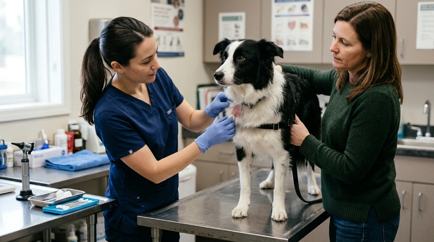 Veterinarian examining irritated skin beneath a Border Collie's coat while the owner assists