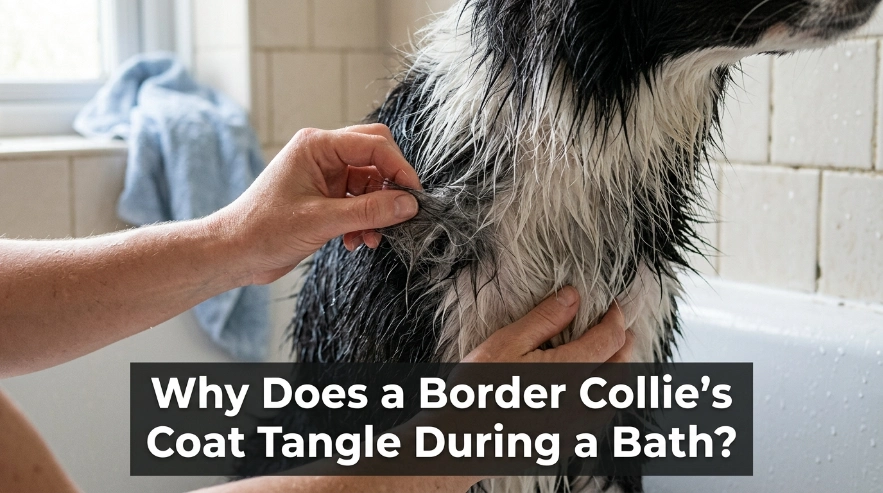 Wet Border Collie coat showing a small bath-time tangle forming in dense fur.