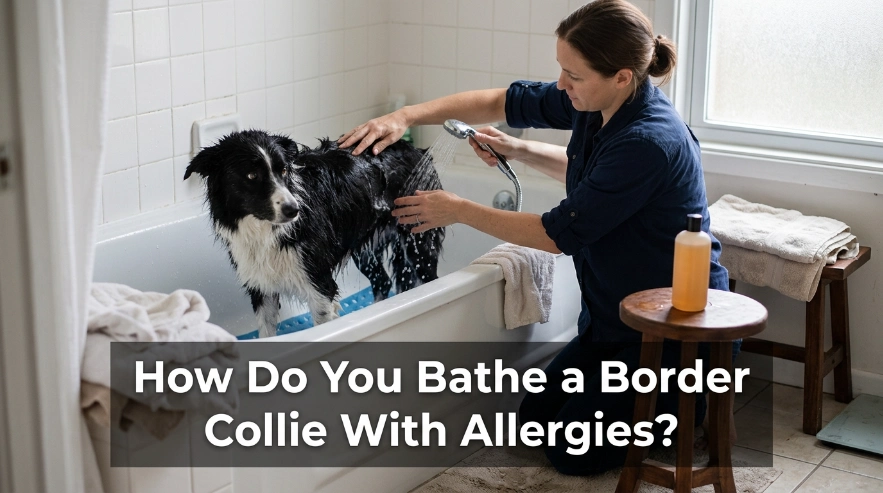 Owner gently bathing an allergy-prone Border Collie with lukewarm water and low-pressure rinsing.