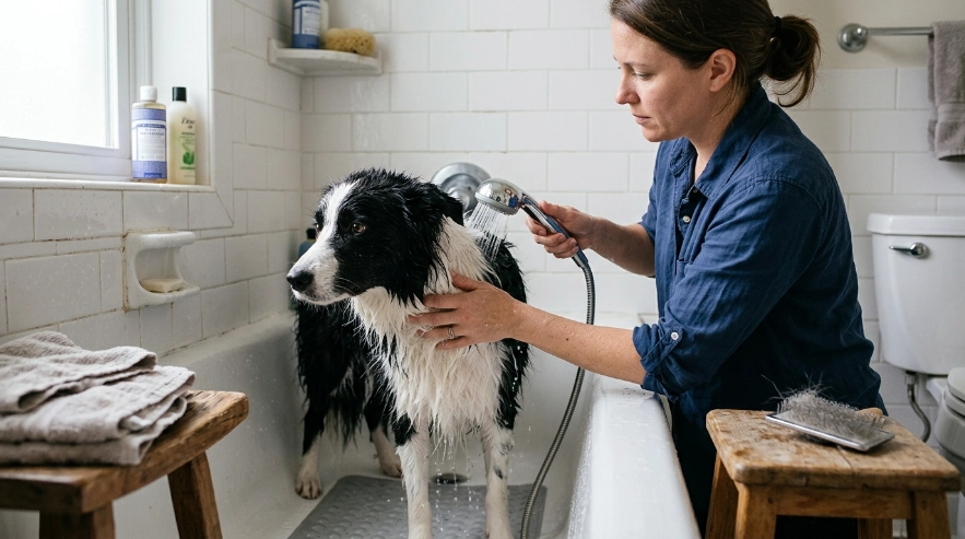 Owner thoroughly rinsing leftover shampoo from a Border Collie's thick coat with lukewarm water.