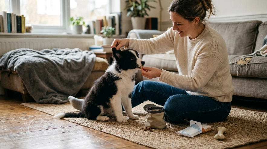 Border Collie puppy calmly learning ear handling with treats during a short training session.