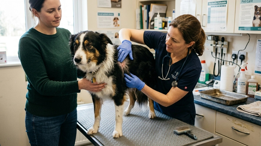 Veterinarian examines a Border Collie's irritated skin after persistent itching