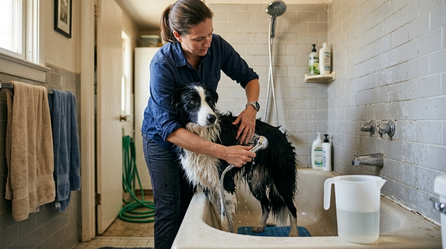Border Collie bath setup with sprayer, pitcher, towels, brush, shampoo, and non-slip mat