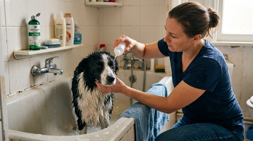 Owner gently rinsing a Border Collie's eye after accidental shampoo exposure during bathing