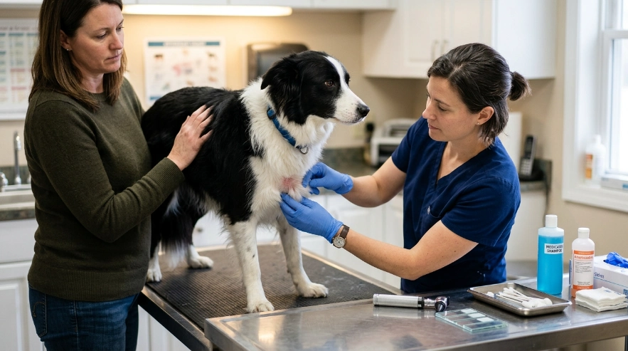 Veterinarian examining irritated skin beneath a Border Collie's double coat