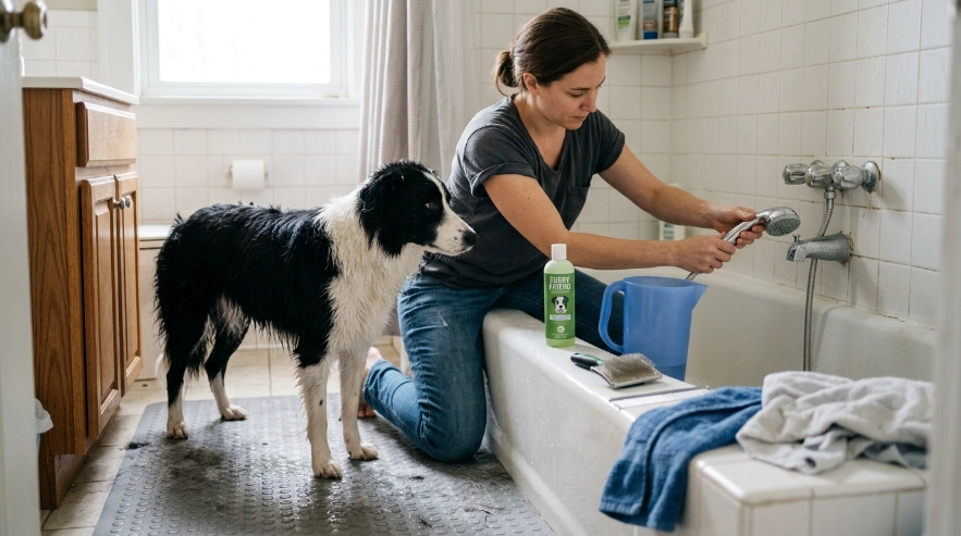 Border Collie bath setup with sprayer, pitcher, towels, brush, shampoo, and non-slip mat