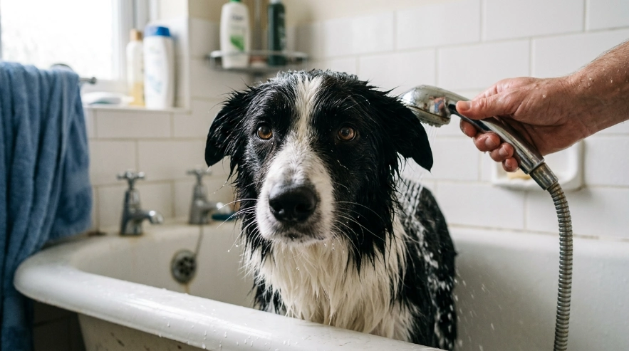 Close-up showing careful water control around a Border Collie's eyes during bathing