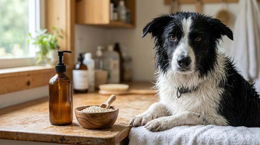 Border Collie beside dog oatmeal shampoo and colloidal oatmeal in a home grooming area.