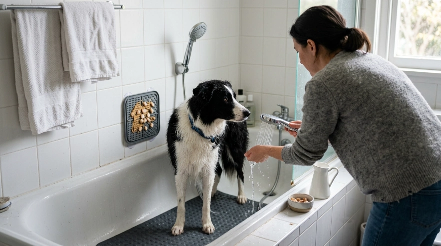 Non-slip mat, lukewarm water and treats prepared for a scared Border Collie's bath