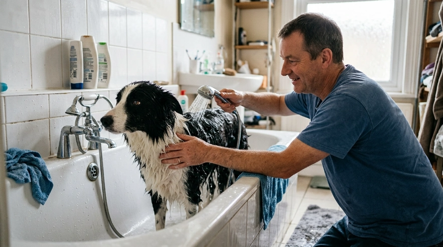 Owner using a neck-down bathing method to keep spray away from a Border Collie's eyes