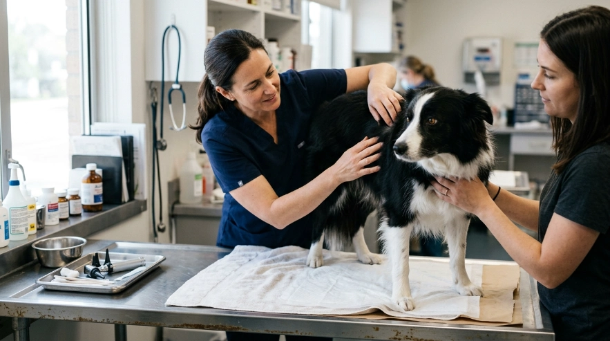 Veterinarian examining a Border Collie whose sudden bath fear may involve pain or discomfort