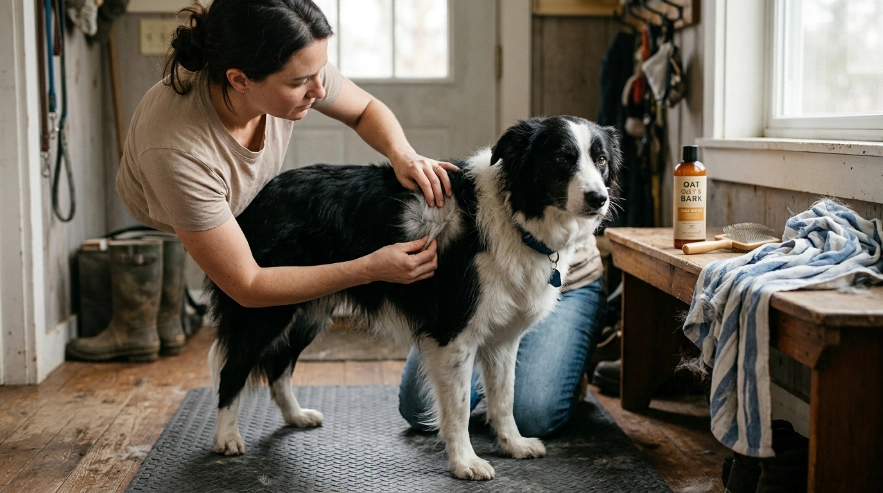 Owner parts a Border Collie's double coat while evaluating shampoo for sensitive ski