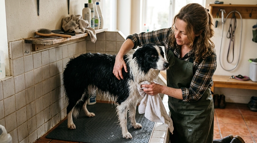 Owner towel-drying a Border Collie's dense undercoat after thoroughly rinsing the coat.
