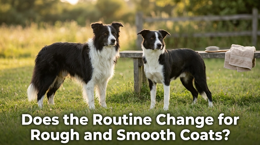 Rough-coated and smooth-coated Border Collies shown side by side for grooming comparison.