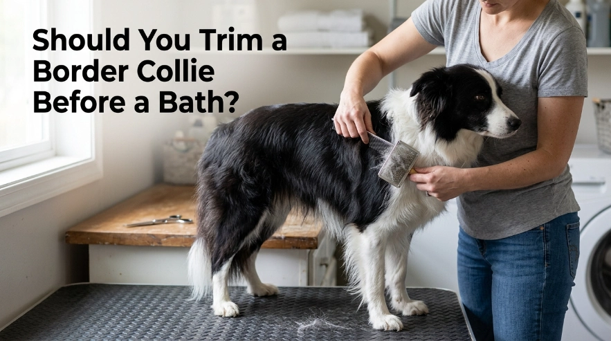 Owner brushing a Border Collie before bathing instead of trimming the healthy body coat