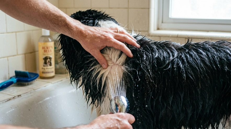 Close-up of a Border Collie double coat parted to reveal the dense undercoat during rinsing