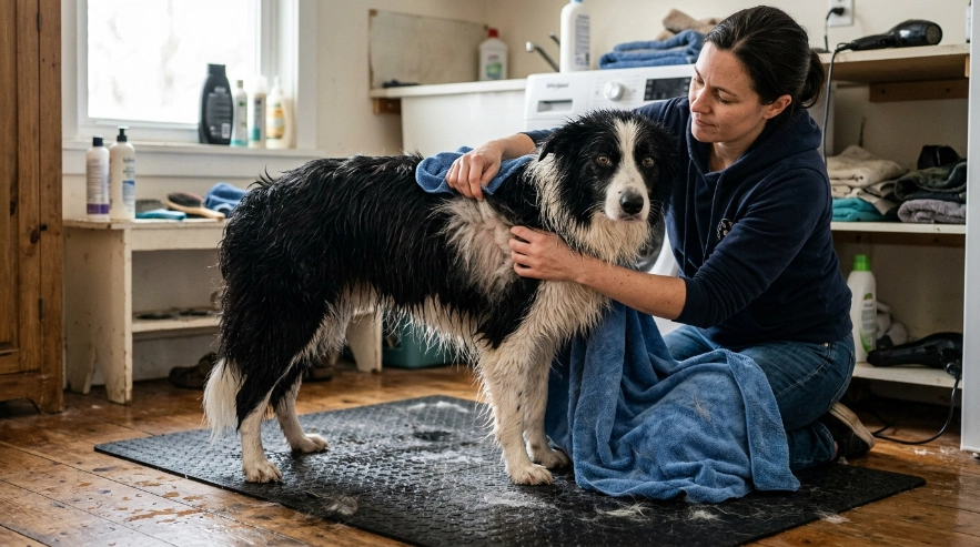 Freshly bathed Border Collie showing loose undercoat during towel drying.